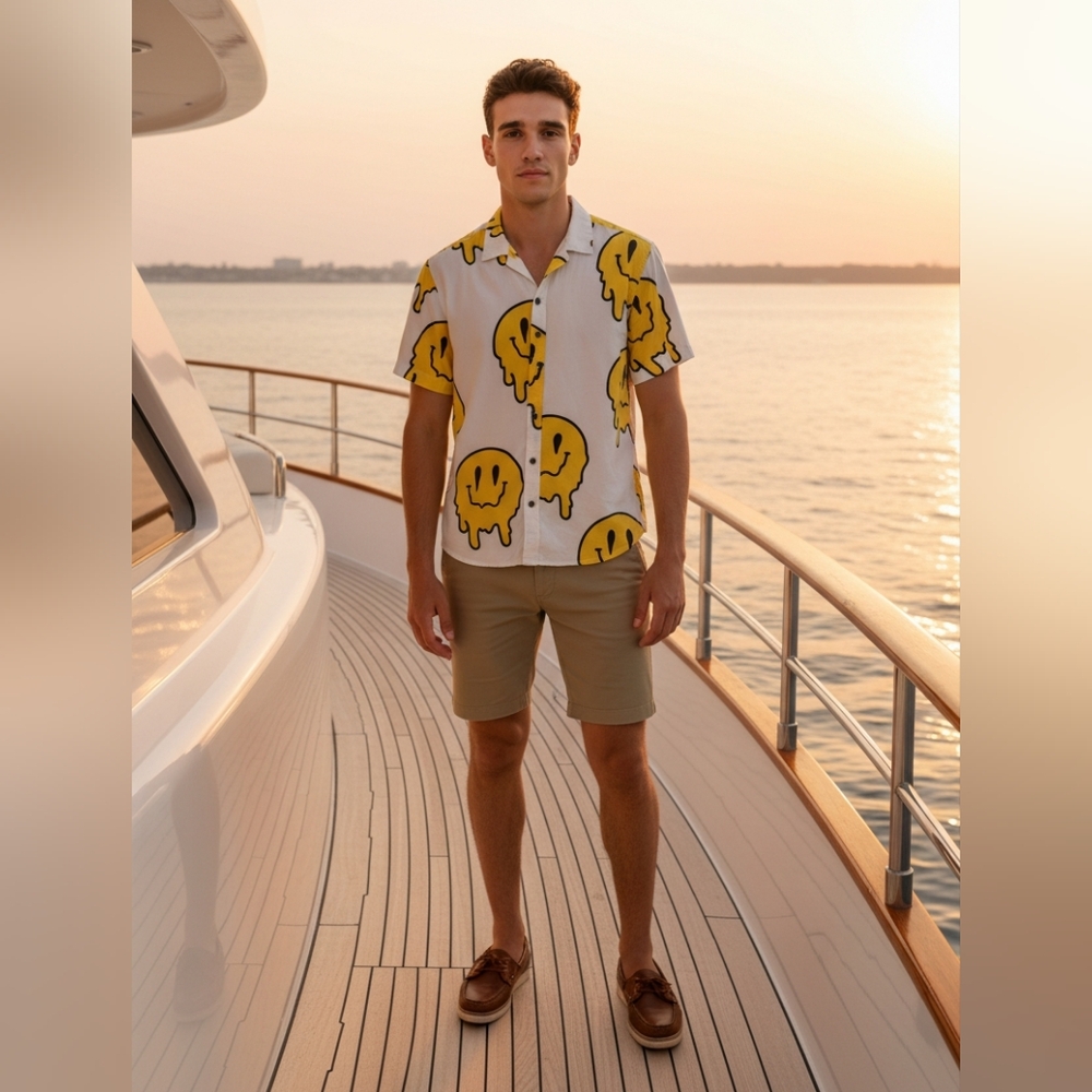 Bodega Melted Smiley Face Button Front Casual Short Sleeve Shirt L (20T)